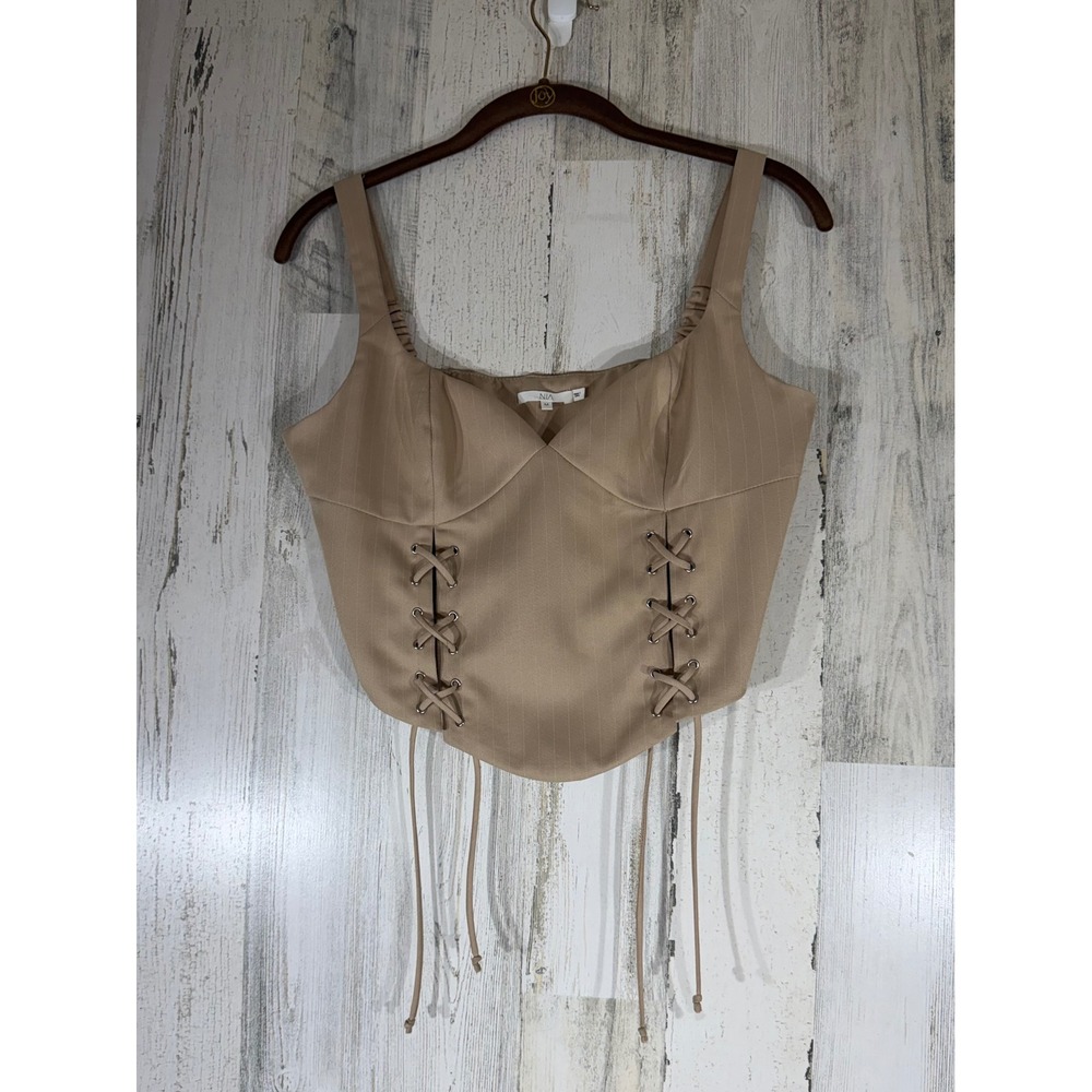 NIA Tan Pinstripe Corset Bustier Crop Top‎ Size Medium Lace Up Side Zip